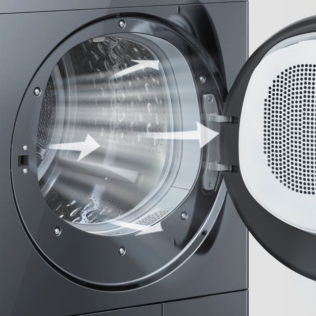 Bộ lọc phía trước lớn giúp lưu thông khí nóng đồng đều khắp lồng giặt
