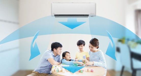 Luồng gió 3 chiều thổi linh hoạt theo 4 hướng thổi luồng khí lạnh đồng đều tới mọi vị trí 