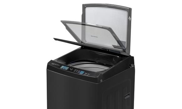 Cửa máy giặt làm bằng kính cường lực được lắp thêm giảm chấn giúp quá trình nắp