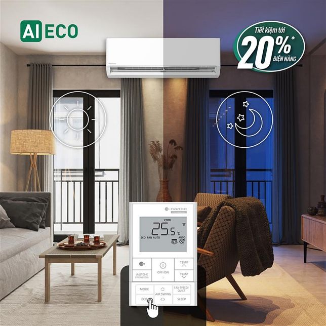 Trang bị chế độ ECO tích hợp trí tuệ nhân tạo AI tự động điều chỉnh công suất hoạt động của máy