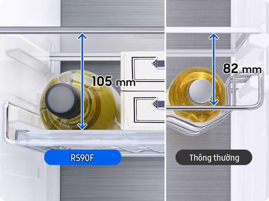 Bên trong tủ lạnh Samsung RS90F65D2FSV được thiết kế khá khoa học và hợp lý với các kệ chứa có thể điều chỉnh một cách linh hoạt