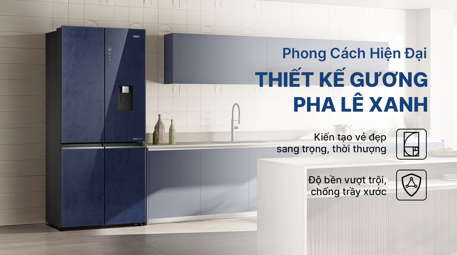 Thiết kế tủ lạnh Aqua AQR-MA600XA(WGL)U1​ ấn tượng với gương pha lê xanh