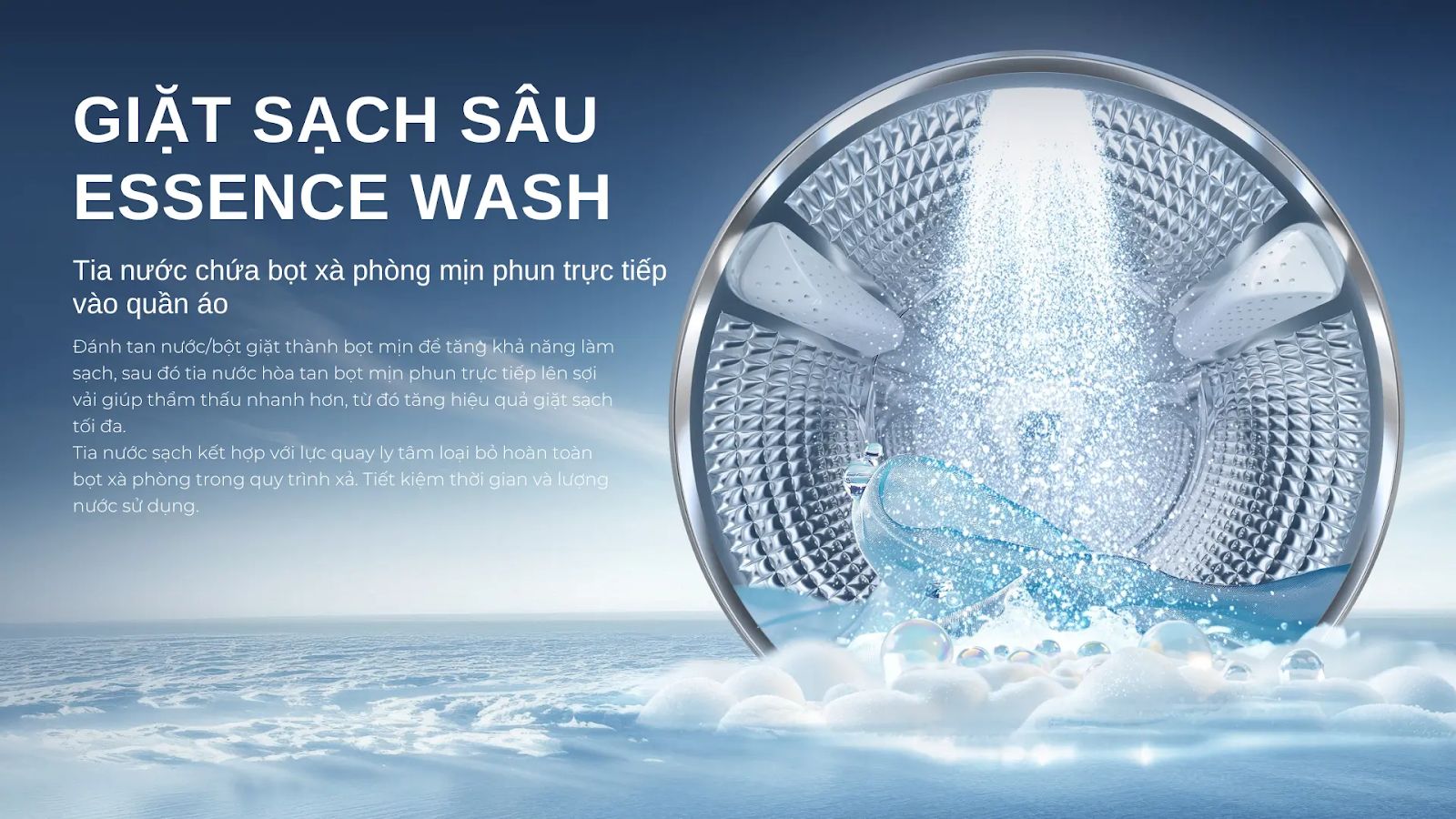 Essence Wash là công nghệ giặt sạch sâu, đánh bay mọi vết bẩn cứng đầu 