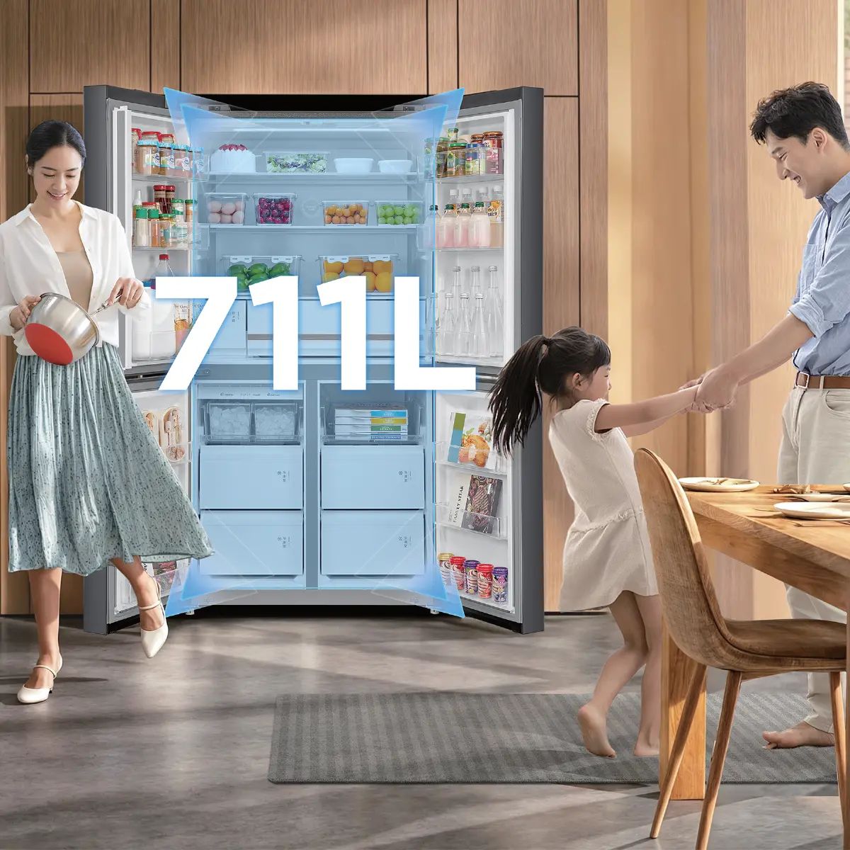 Tủ có dung tích lớn 711 lít cho phép người dùng dễ dàng phân loại thực phẩm 
