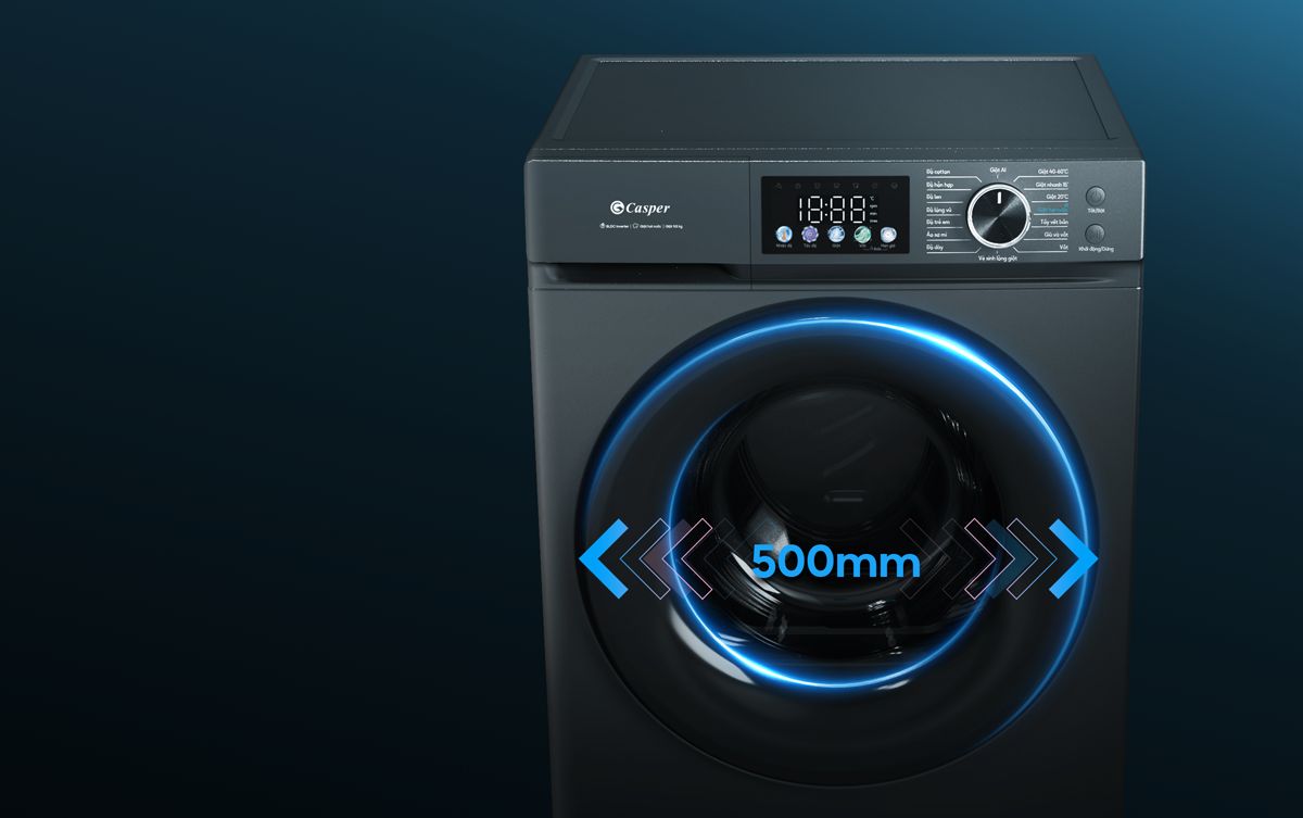 Casper WF-D125VGR1 này đã được thiết kế nâng cấp phần cửa lồng giặt rộng hơn tới 500mm