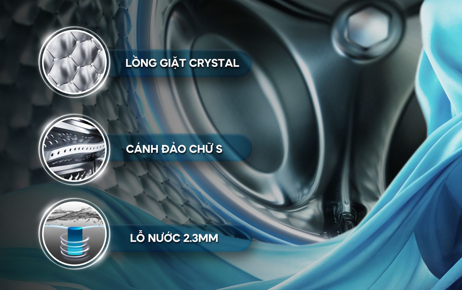 Lồng máy được thiết kế Crystal dạng tinh thể pha lê, kết hợp cùng cánh đảo chữ S