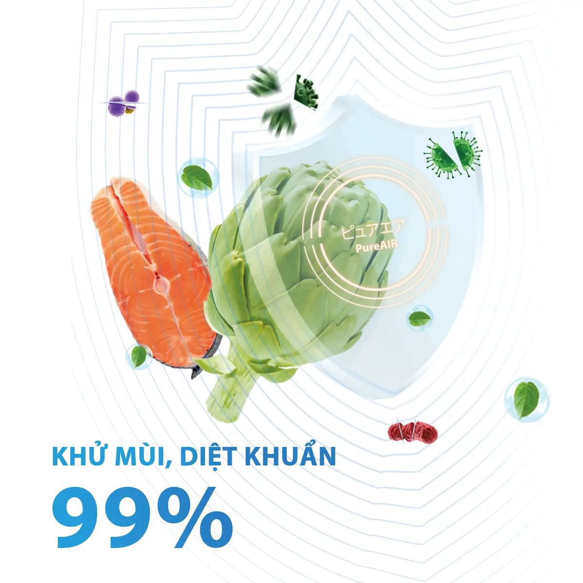 Công nghệ PureAir giúp đánh bay đến 99%+ các loại mùi hôi khó chịu và các loại vi khuẩn