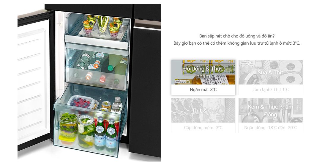 Tổng kho điều hòa, điện máy miền Bắc tại Hà Nội Ngăn mát (Bảo quản ở nhiệt độ 3 độ C) giúp bảo quản đồ uống và thực phẩm.