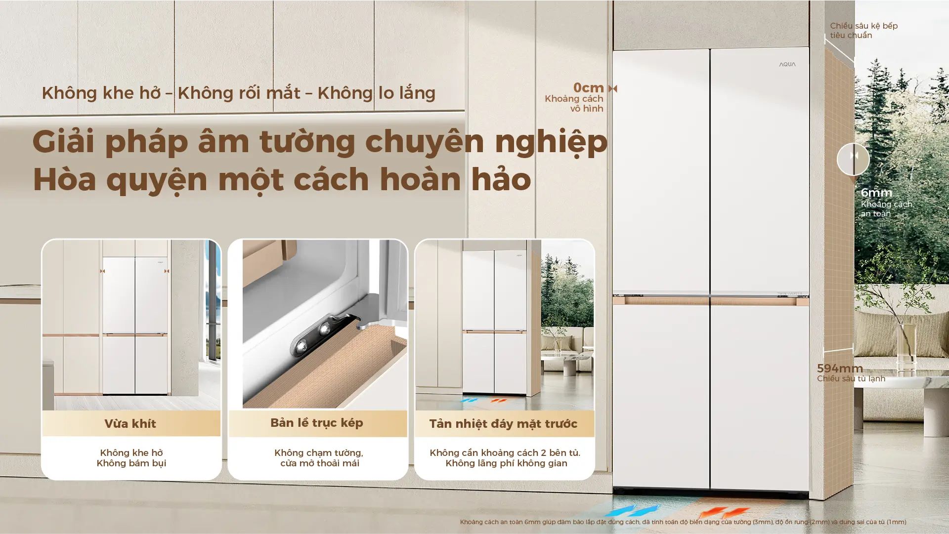 Tủ được thiết kế với bản lề trục kép, không chạm tường mà vẫn mở cửa thoải mái