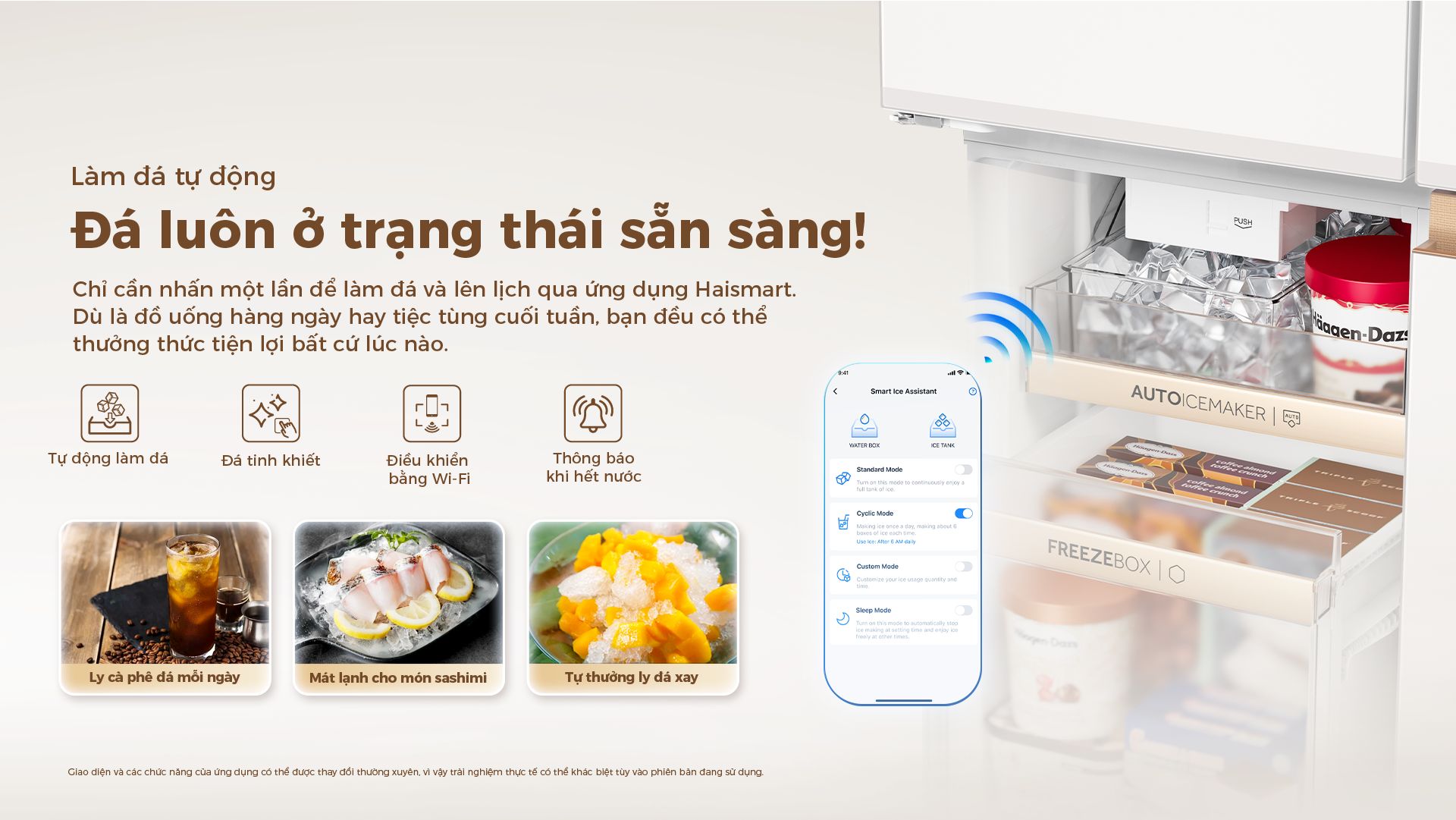 Làm đá tự động là tính năng thông minh được tích hợp trên dòng tủ lạnh 4 cánh