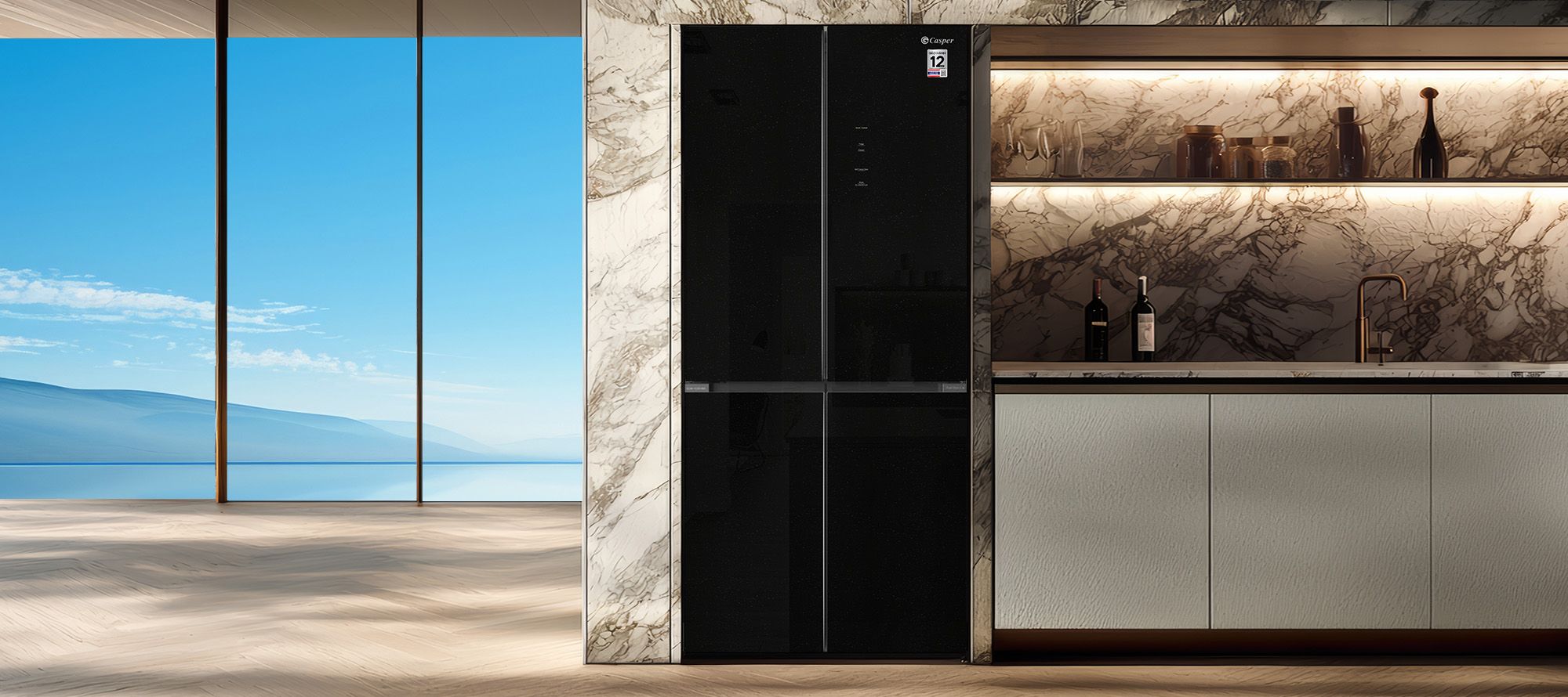 Casper RM-D540SBS sở hữu thiết kế hiện đại, mang sắc màu đen tuyền điểm hoa văn tinh tế