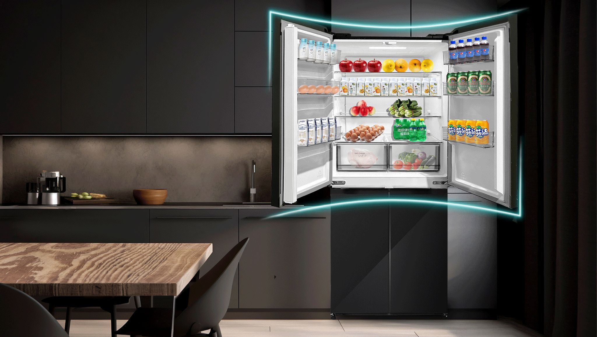 Tủ được thiết kế 4 cửa linh hoạt mang đến trải nghiệm góc rộng Panoramic View,