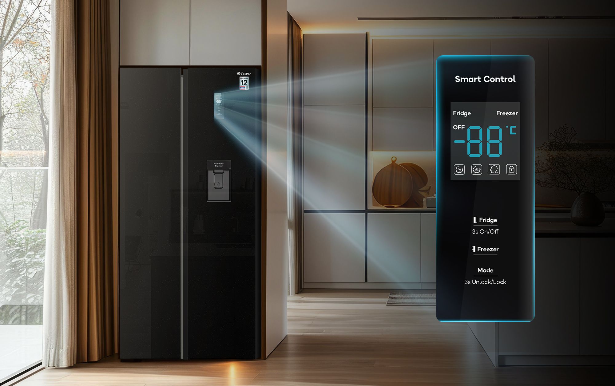 Bảng điều khiển Smart Control ở ngay ngoài cửa tủ 