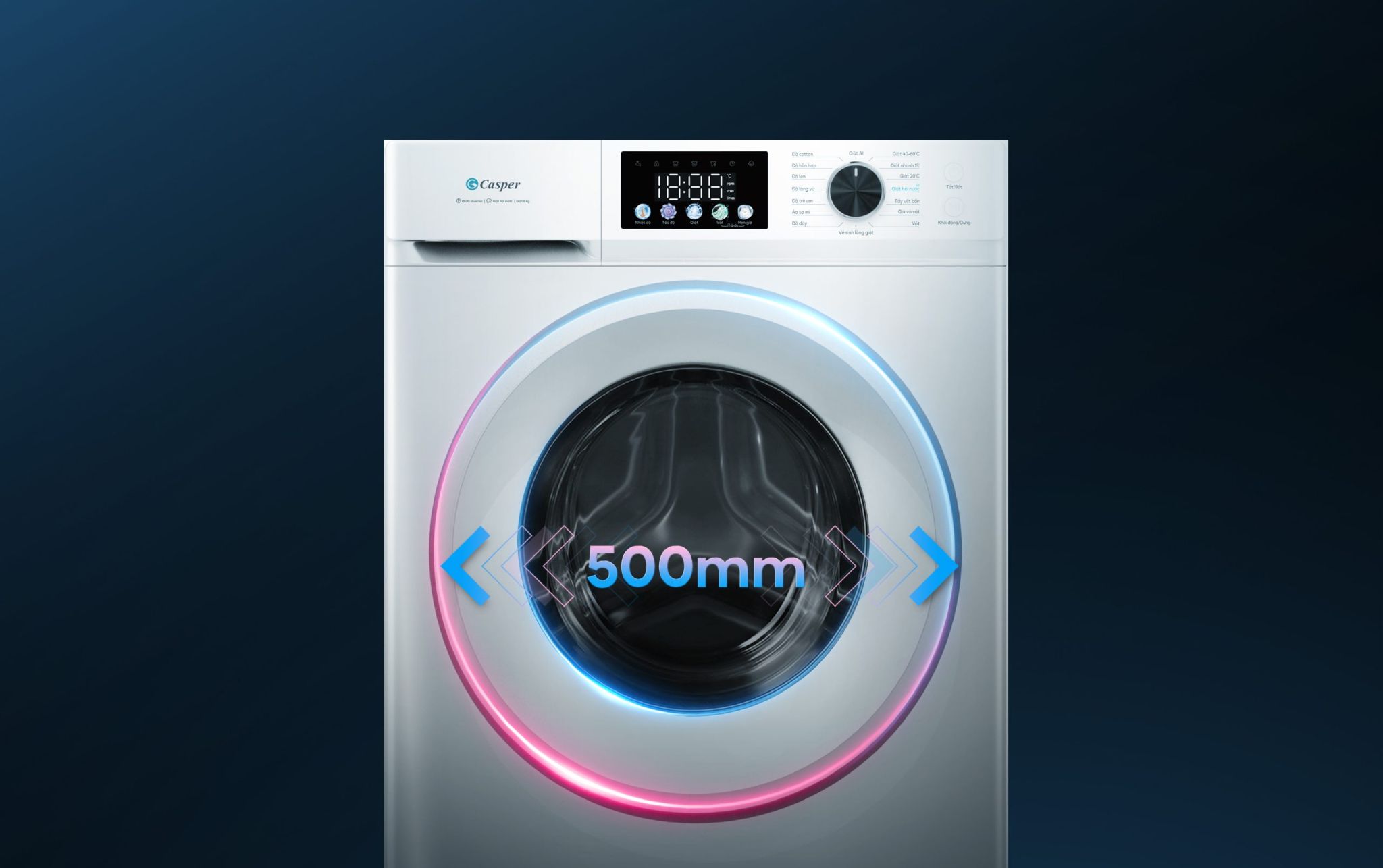 Cửa lồng giặt thiết kế rộng hơn với đường kính lên tới 500mm