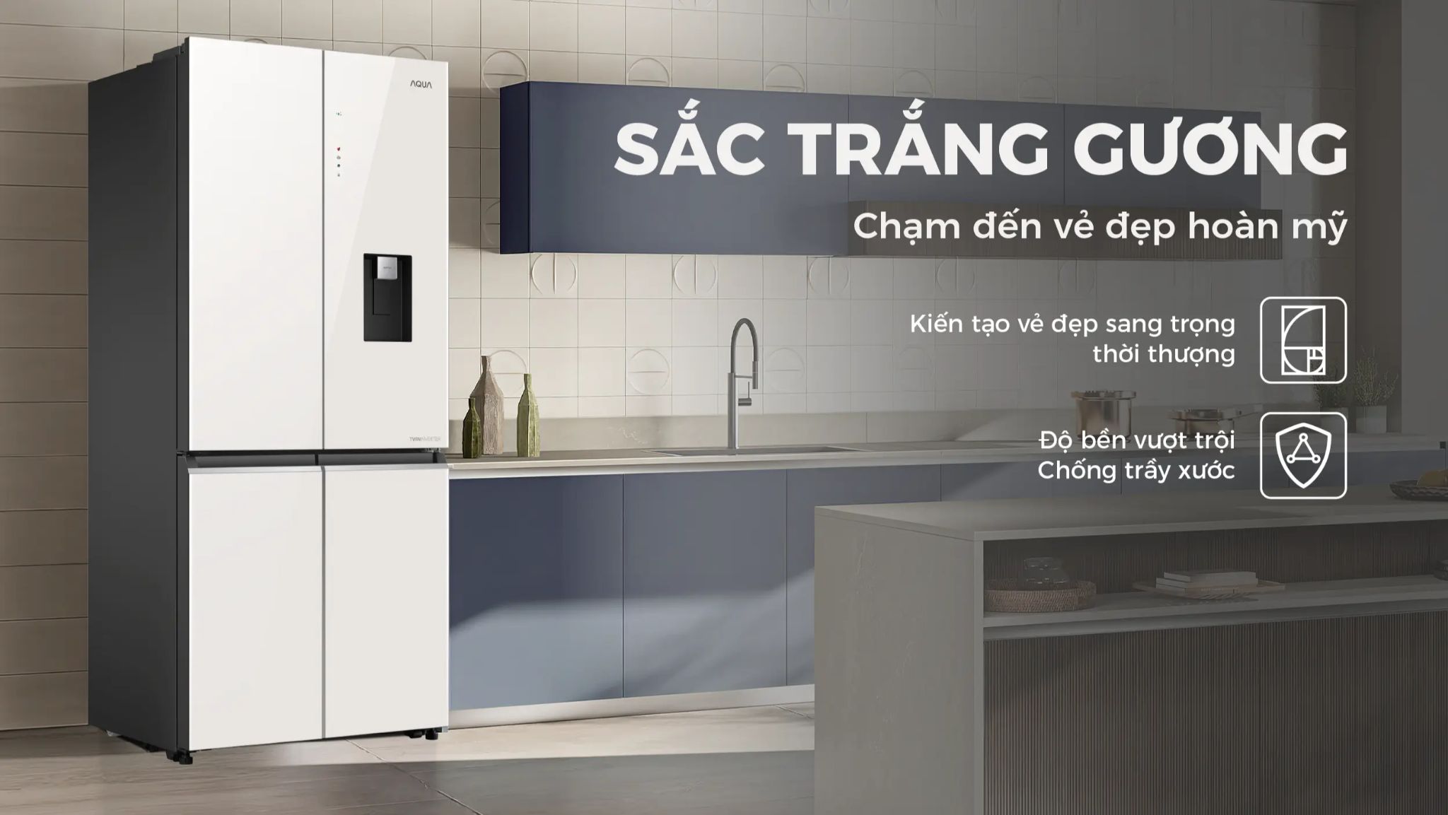 Aqua AQR-M600XA(WGC) có thiết kế hiện đại với mặt gương trắng tinh tế