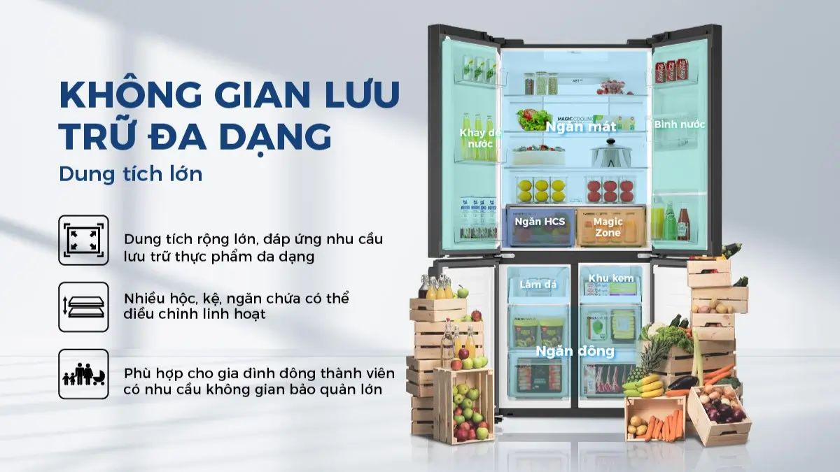 Tủ có dung tích lớn đáp ứng nhu cầu lưu trữ thực phẩm đa dạng