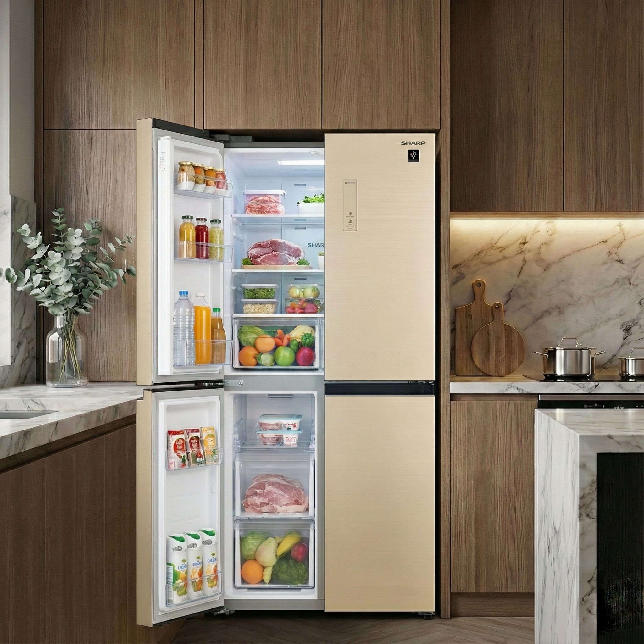 Tổng kho điều hòa, điện máy miền Bắc tại Hà Nội Ngăn rau, củ, quả được thiết kế riêng biệt với hệ thống điều chỉnh nhiệt độ và độ ẩm riêng biệt