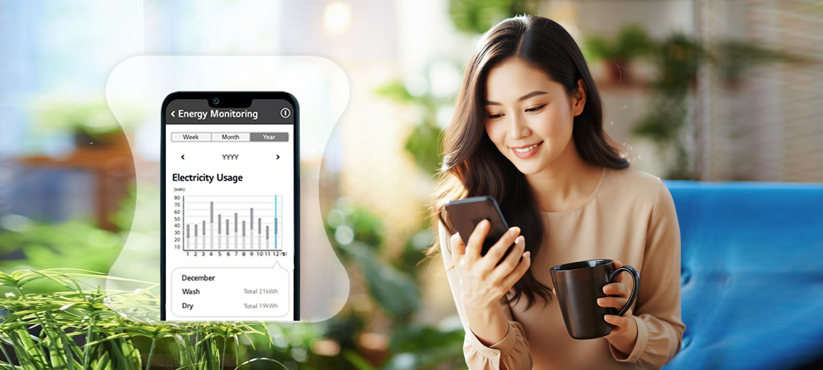 Tổng kho điều hòa, điện máy miền Bắc tại Hà Nội Ứng dụng LG ThinQ còn theo dõi mức sử dụng năng lượng của máy giặt