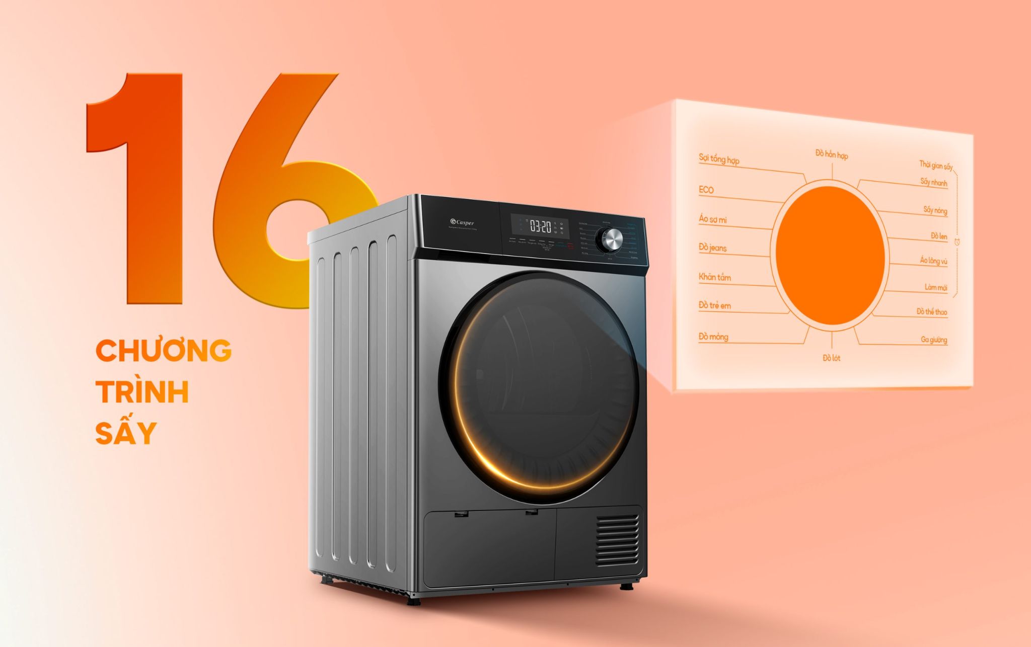 Máy sấy được trang bị tới 16 chương trình đa dạng 