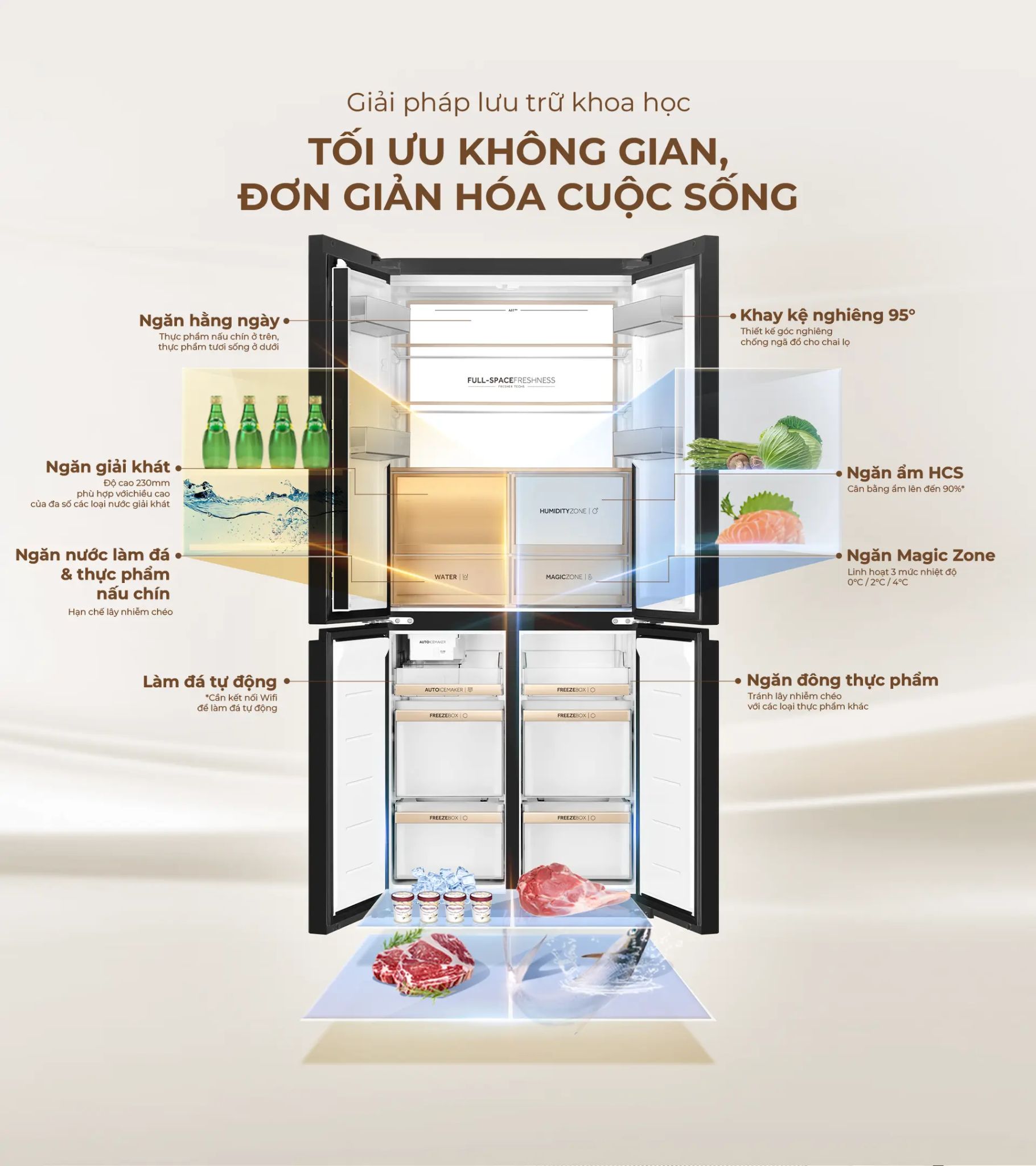 Bên trong tủ được thiết kế khá hợp lý với các khay ngăn riêng biệt cùng cánh mở từ 2 bên