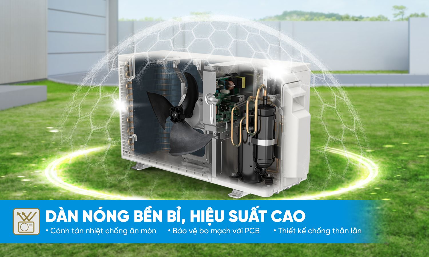 Tổng kho điều hòa, điện máy miền Bắc tại Hà Nội Vỏ dàn nóng được thiết kế hoàn toàn mới với khe hở giảm tối đa
