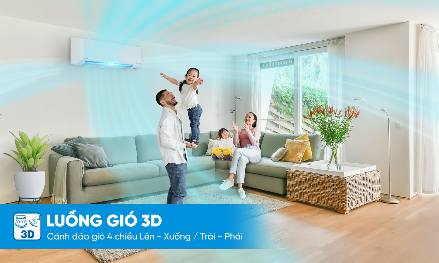Tổng kho điều hòa, điện máy miền Bắc tại Hà Nội Luồng gió 3D đảo tự động với 4 hướng từ trên xuống dưới, từ trái sang phải