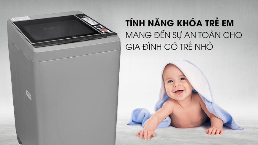 khóa trẻ em mang lại an toàn chi nhà có trẻ nhỏ Máy giặt Aqua lồng đứng 8.5Kg AQW-S85FT.N