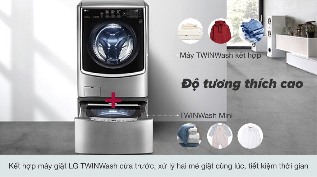 Máy giặt LG TWINWash Mini 3.5 kg T2735NWLV, kết hợp với các máy cửa trước LG dễ dàng
