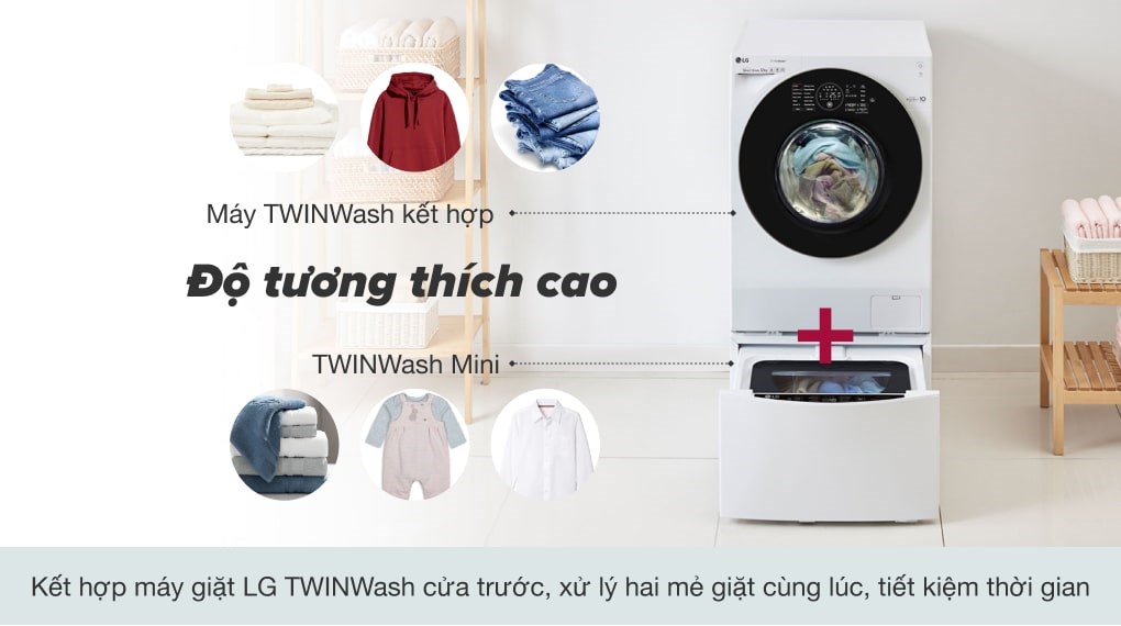 Máy giặt LG TWINWash Mini Inverter 2 kg TG2402NTWW, kết hợp dàng với máy giặt LG