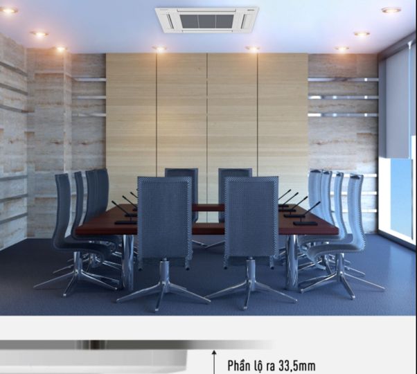 Toàn bộ phần thân máy được lắp đặt ẩn sâu bên trong trần, chỉ lộ phần mặt nạ mỏng 