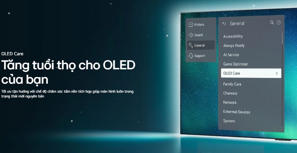 OLED Care là trang bị độc quyền của LG, nó sẽ giúp chăm sóc nền OLED