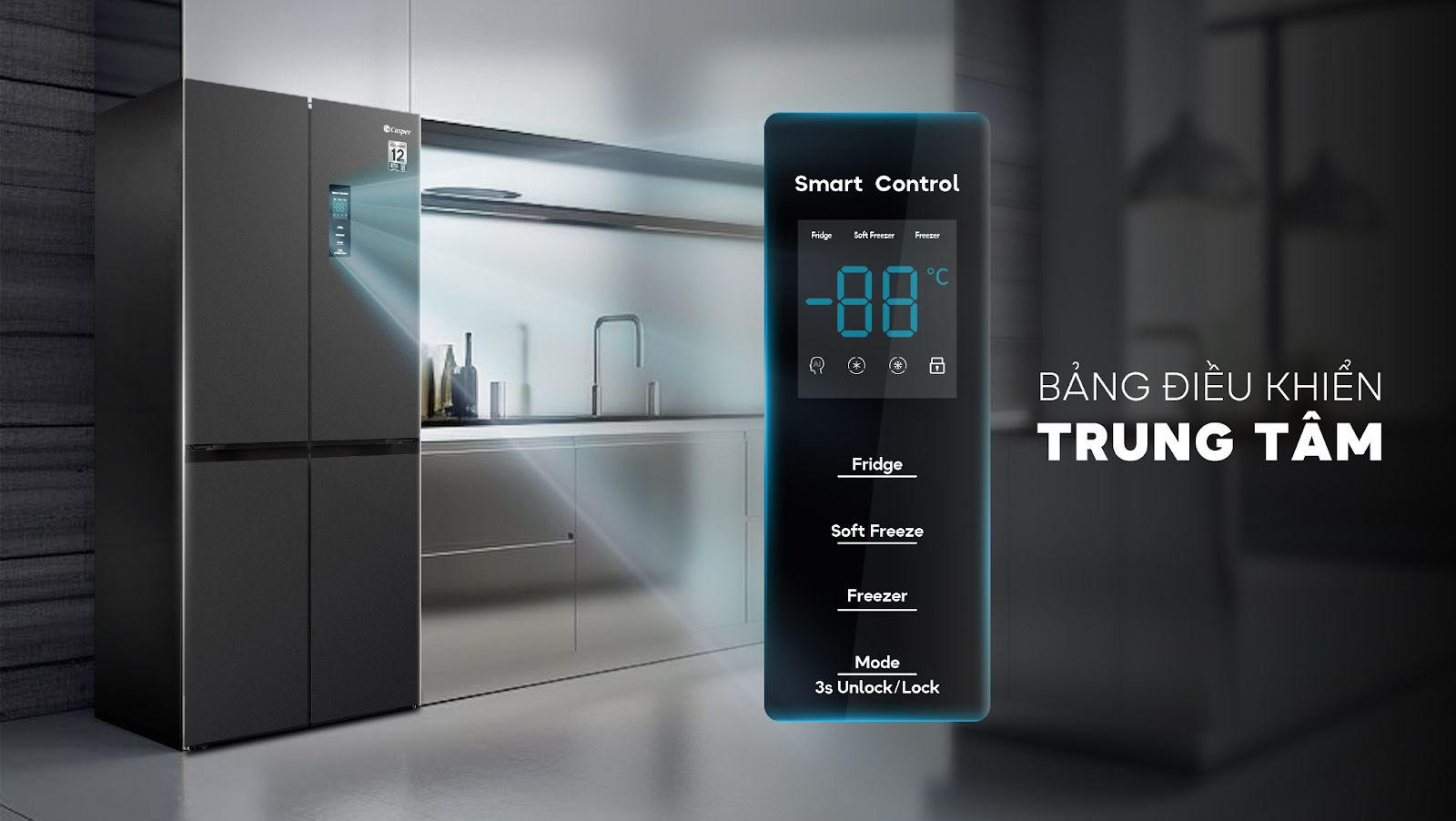 Bảng điều khiển trung tâm Smart Control được thiết kế ở ngay mặt ngoài cửa tủ