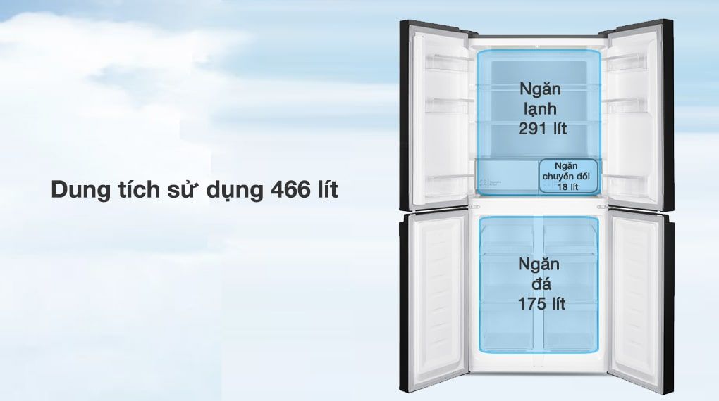 Tổng dung tích của tủ là 466 lít trong đó ngăn lạnh là 291 lít và ngăn đá là 175 lít