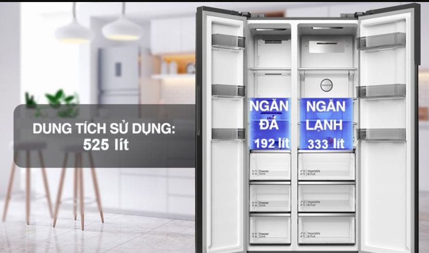 Dung tích tổng của tủ là 525 lít