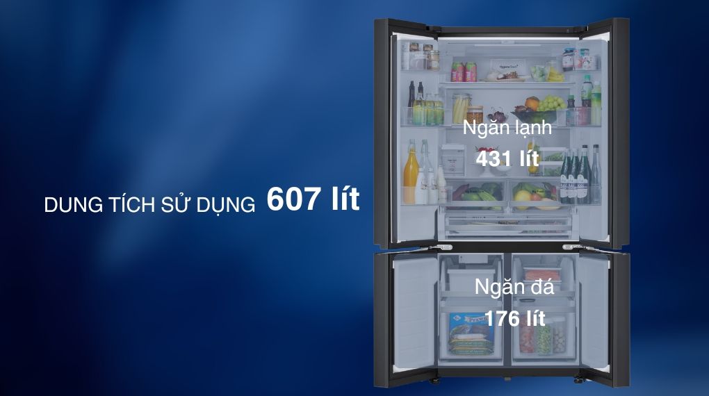 Thiết bị có tổng dung tích là 607 lít trong đó ngăn lạnh là 431 lít và ngăn đông là 176 lít