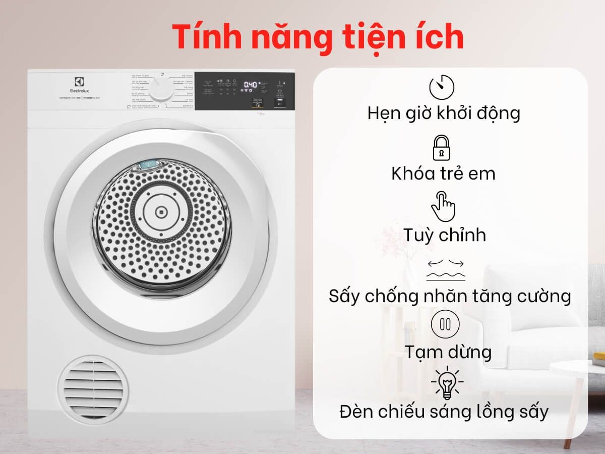 Electrolux EDS904H3WC có đến 13 chương trình sấy khác nhau, chăm sóc tốt cho mọi loại vải