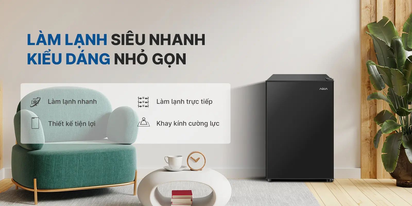 Aqua AQR-D100FA(BS) có thiết kế nhỏ gọn, cùng với tone màu đen tinh tế