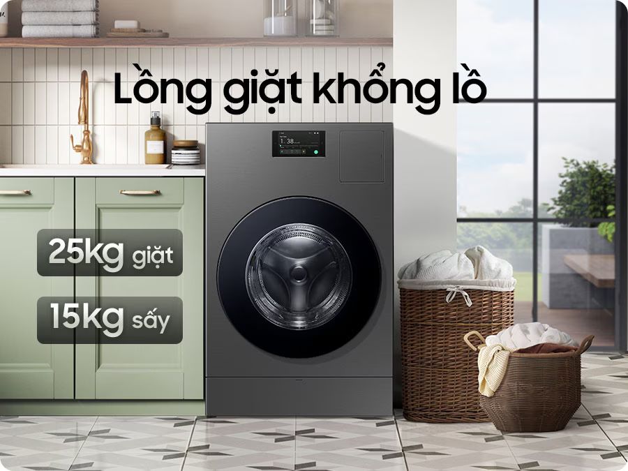 Thiết kế lồng giặt khổng lồ với dung tích siêu lớn tới 25kg giúp bạn giặt cả chăn màn có kích thước lớn.