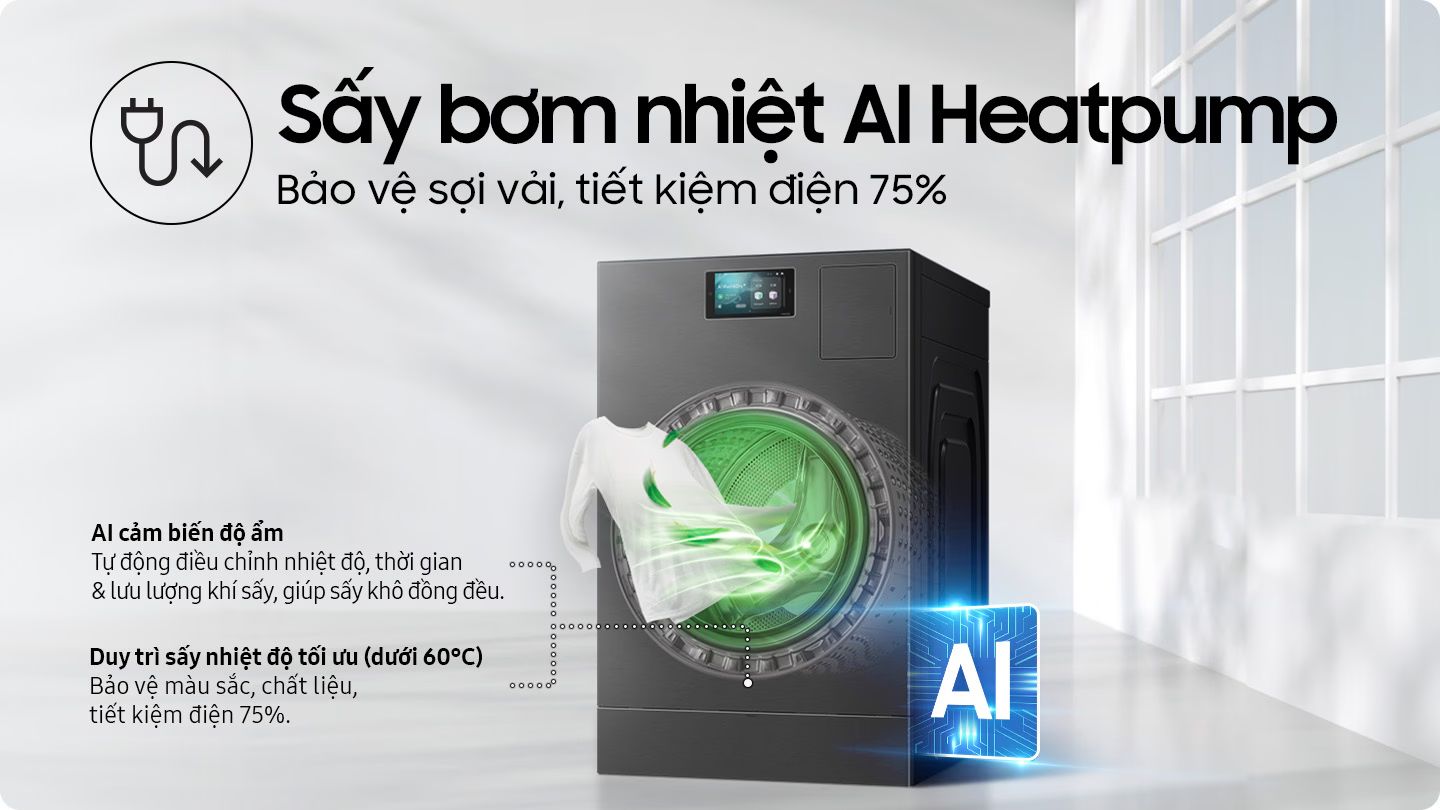 Samsung WD25DB8995BZSV được chính là trang bị máy nén cao cấp sấy bơm nhiệt AI Heatpump