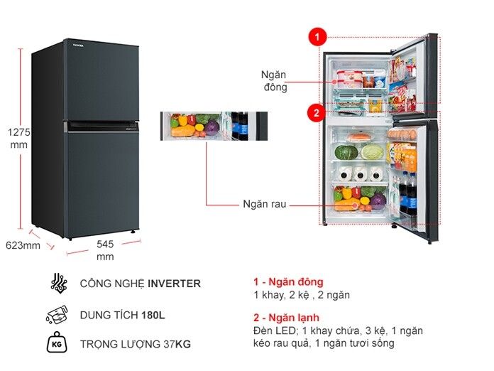 Tủ lạnh Toshiba GR-RT234WE-PMV(52) 180 lít Inverter