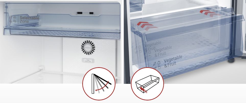 Ngăn Selectable Zone và ngăn rau quả được thiết kế dạng kín dễ dàng đóng mở