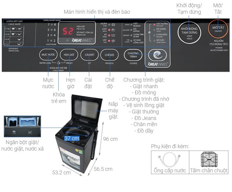 Chương trình của máy giặt Toshiba 8kg AW-M905BV(MK) có đến 8 chế độ khác nhau