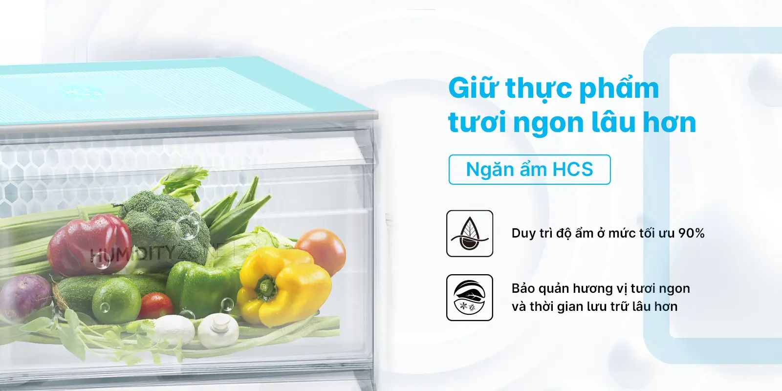 Tủ còn được trang bị thêm ngăn ẩm HCS, với độ ẩm tối ưu 90%