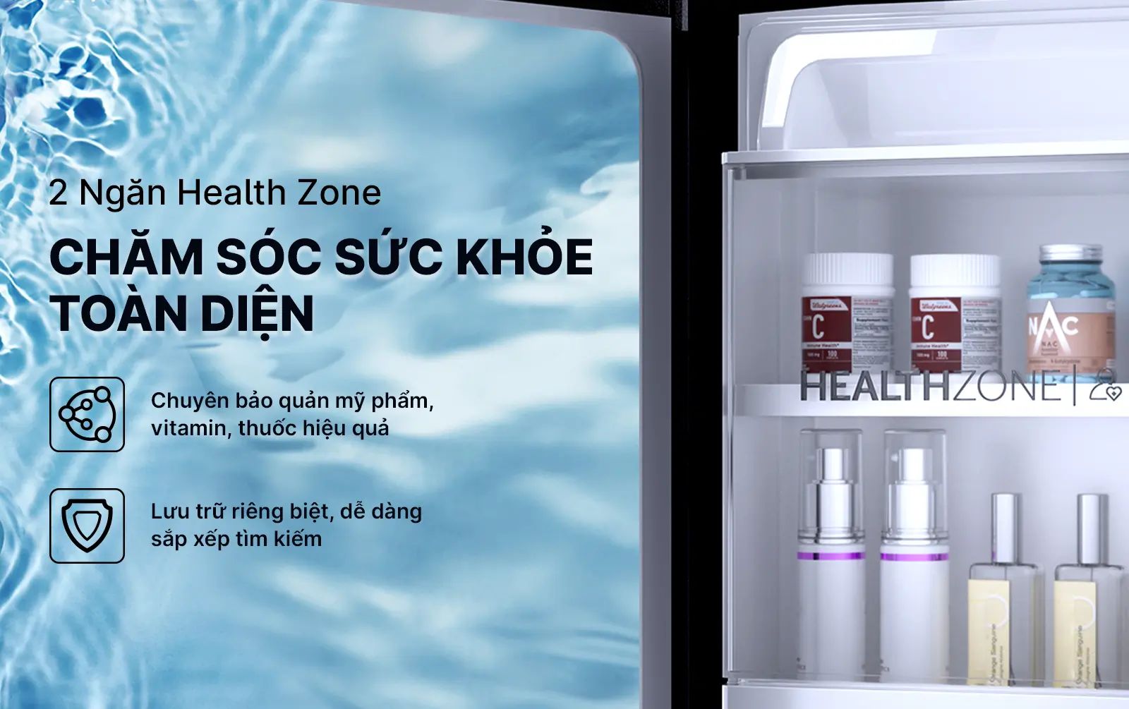 Thiết kế riêng biệt 2 ngăn Health Zone giúp gia chủ bảo quản mỹ phẩm, vitamin và thuốc hiệu quả