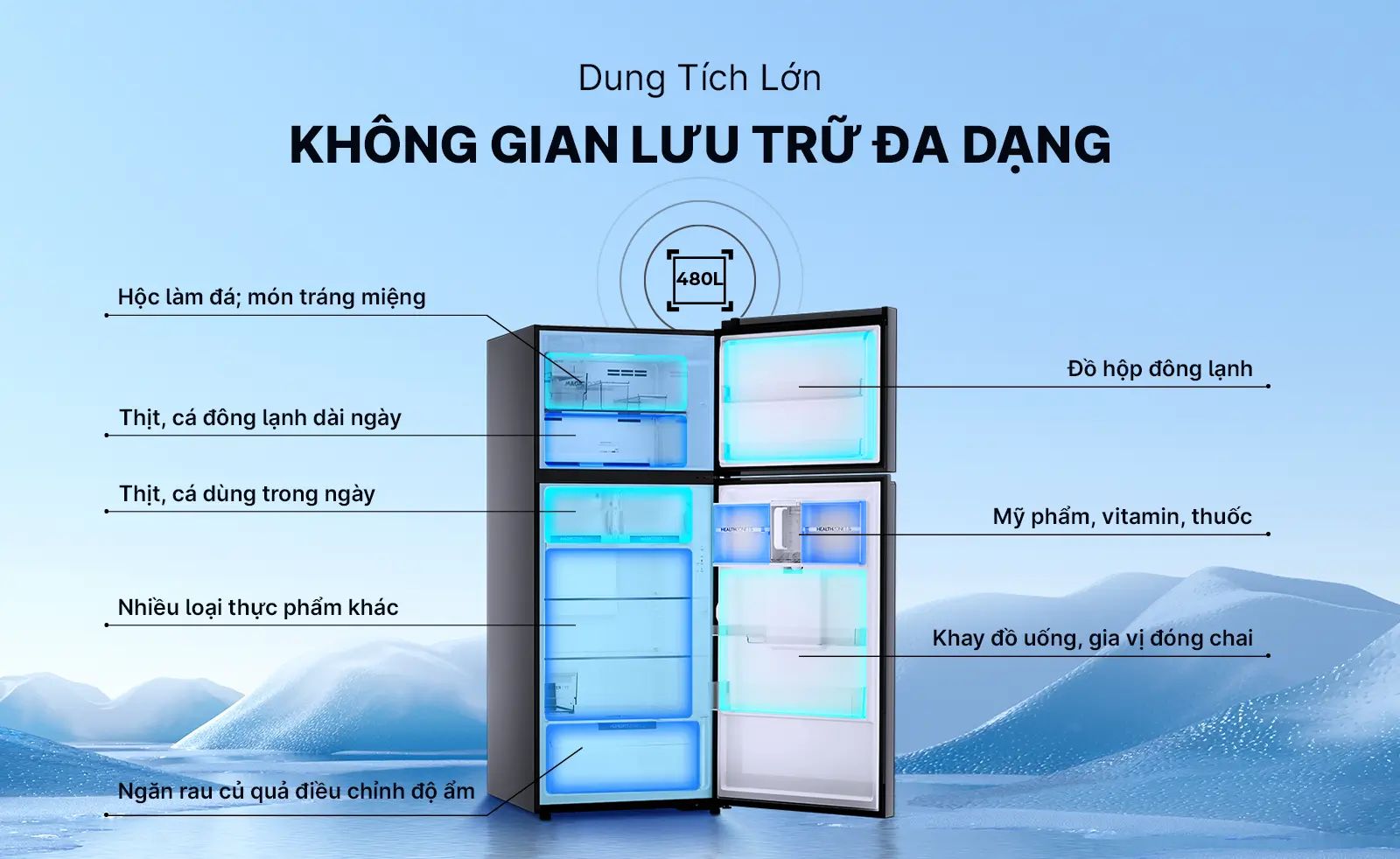 Aqua AQR-TA546FA(WGL)U1 có dung tích lớn tới 480 lít với các ngăn được thiết kế hợp lý