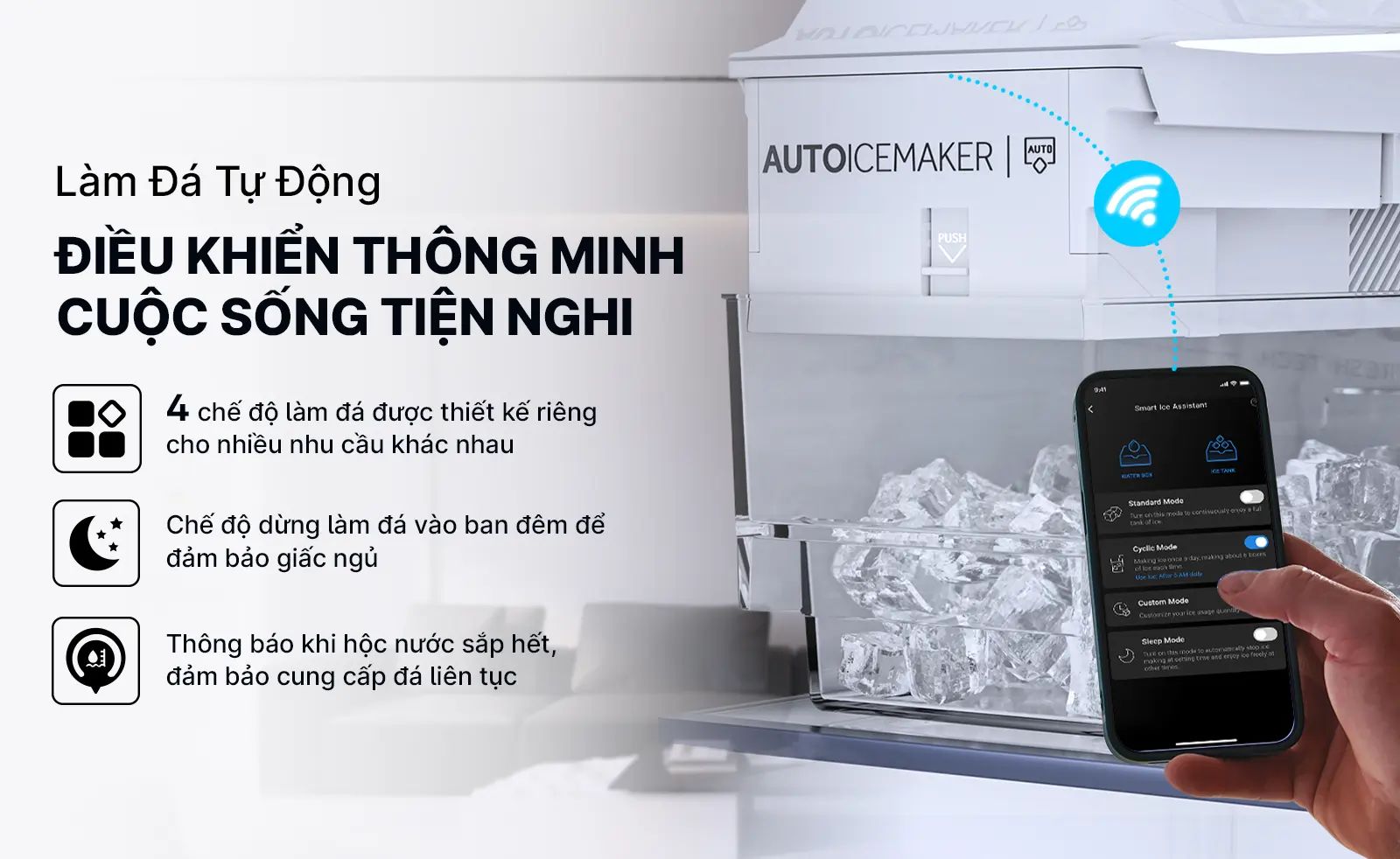 Tính năng làm đá tự động Auto Ice Maker giúp người dùng nhanh chóng thưởng thức những ly đá viên