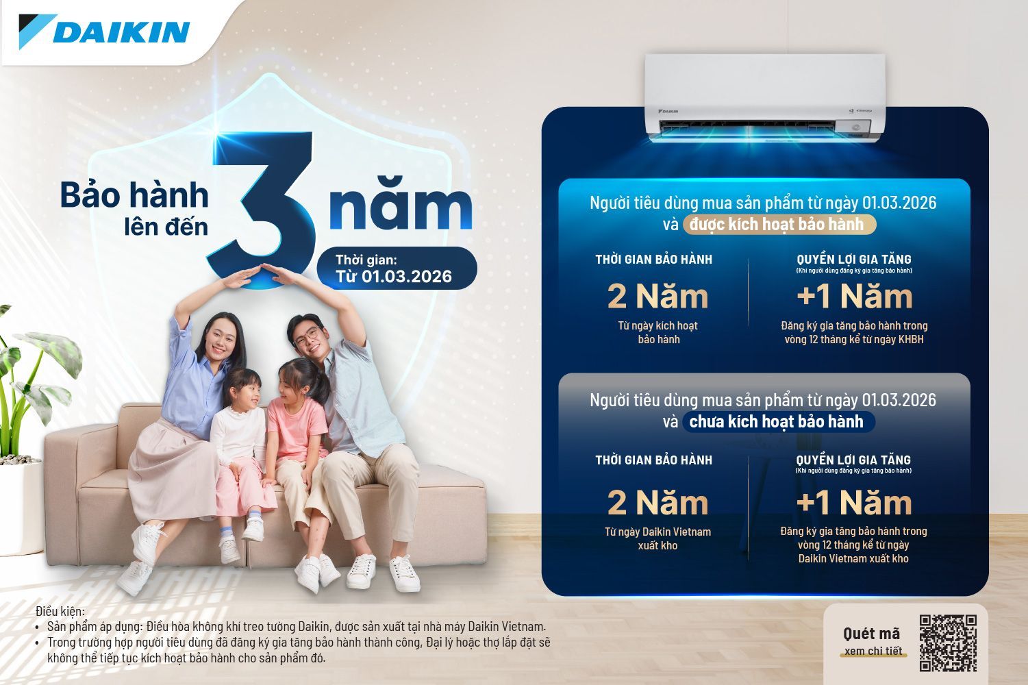 Chính sách bảo hành lên tới 3 năm của Daikin