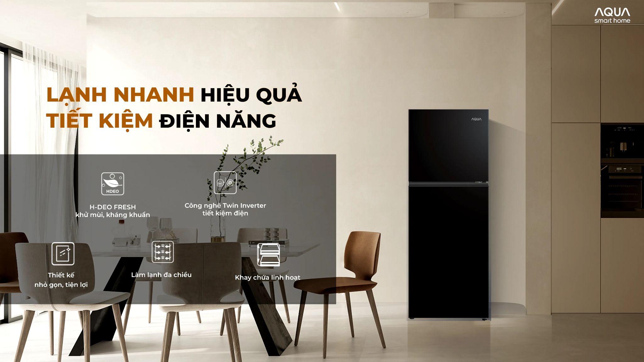 AQR-T225FA(LB) sở hữu thiết kế thời thượng, phù hợp mọi không gian phòng bếp 