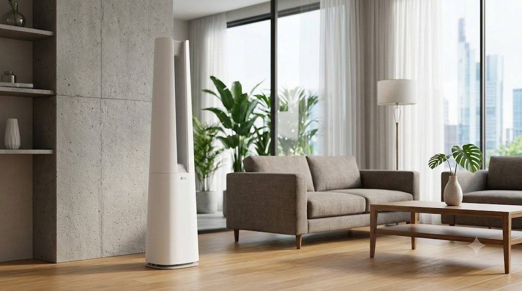 Máy lọc không khí LG PuriCare AeroTower dạng tháp đứng trong phòng khách
