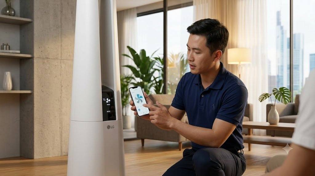 Kỹ thuật viên hướng dẫn thiết lập chế độ quạt mát máy lọc không khí LG AeroTower